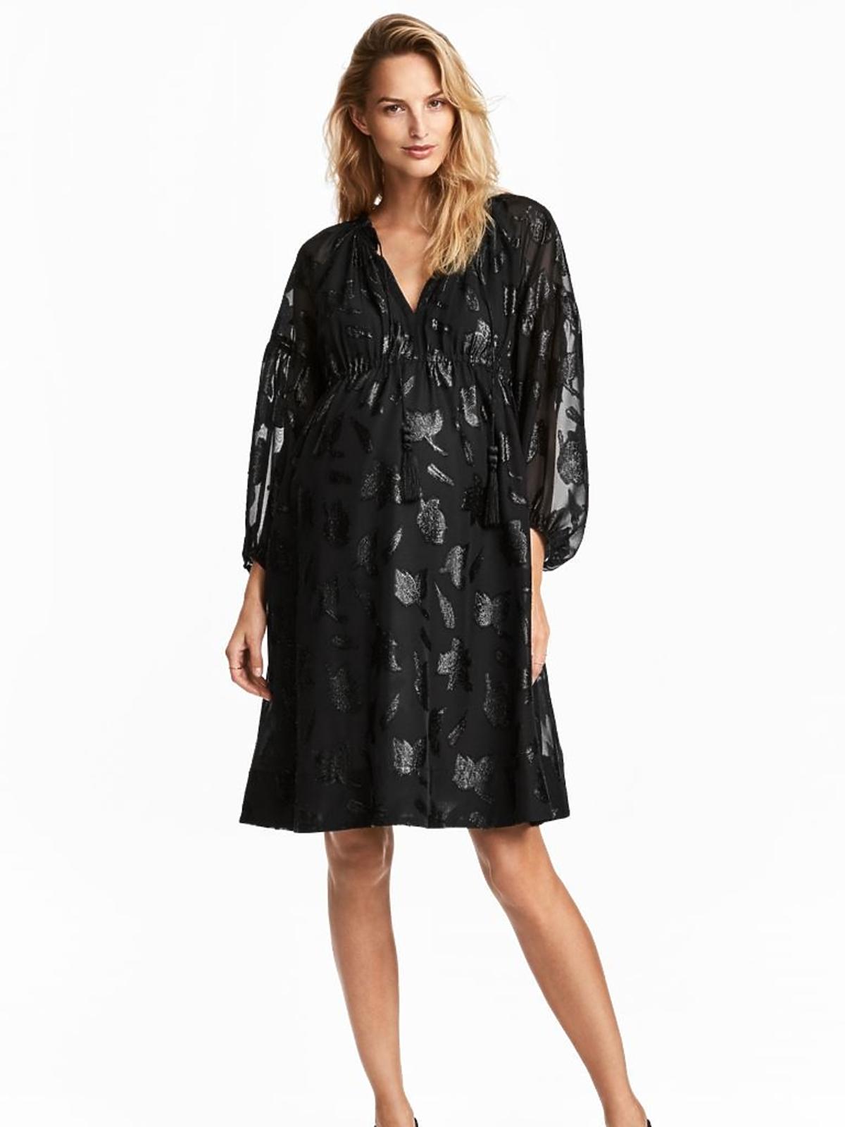 czarna szeroka sukienka ciążowa w lśniące wzory H&M