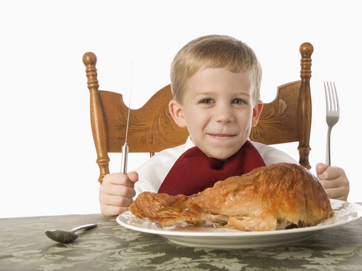 dziecko, jedzenie, kurczak, stół