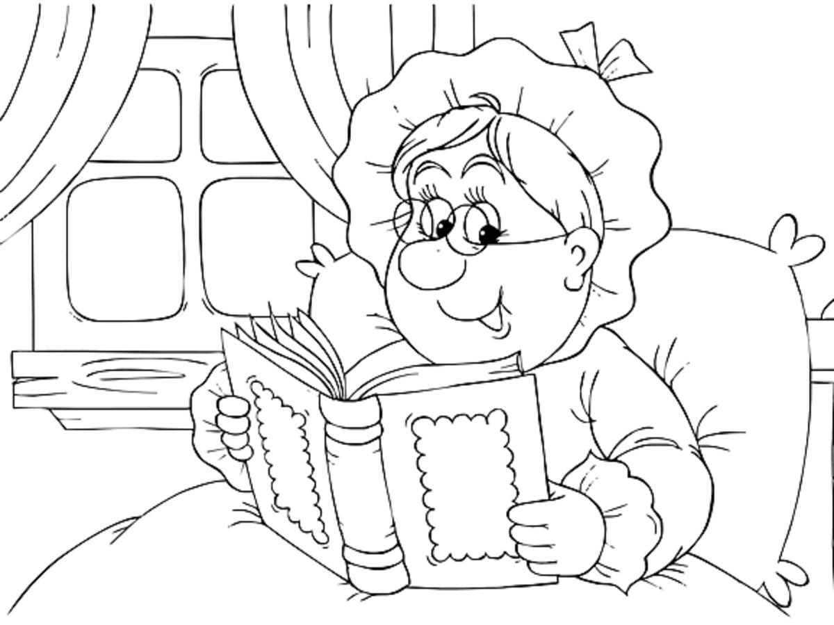 kolorowanka - babcia czyta książkę