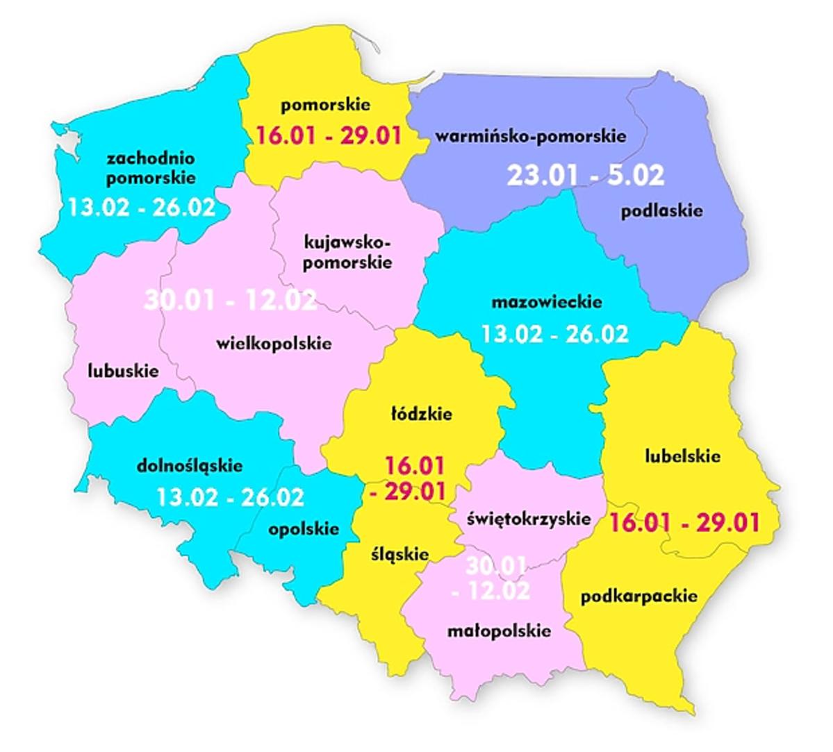 ferie zimowe 2016/2017 z podziałem na województwa