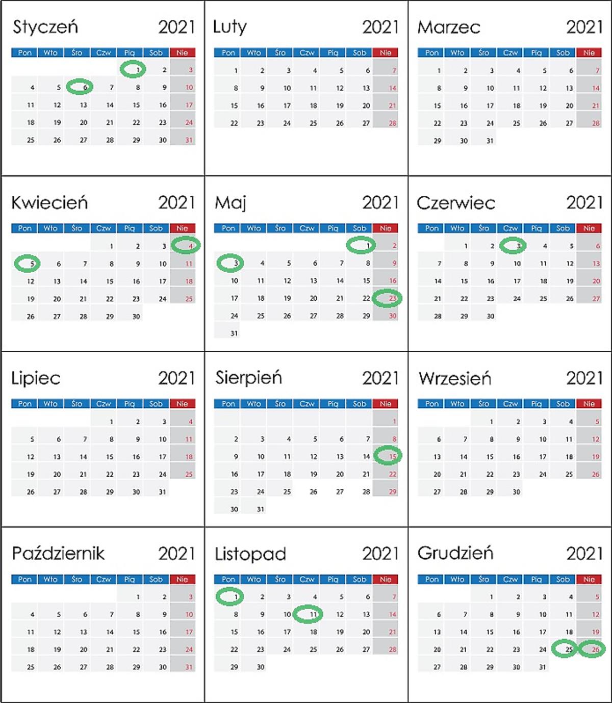 Kalendarz dni wolnych ustawowo 2021