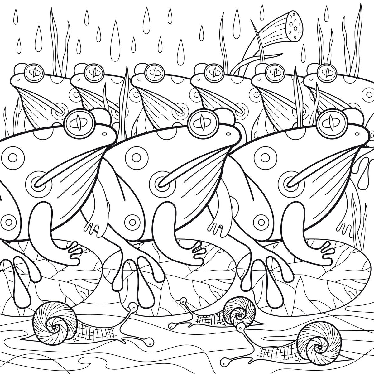 Kolorowanka antystresowa żaby w deszczu