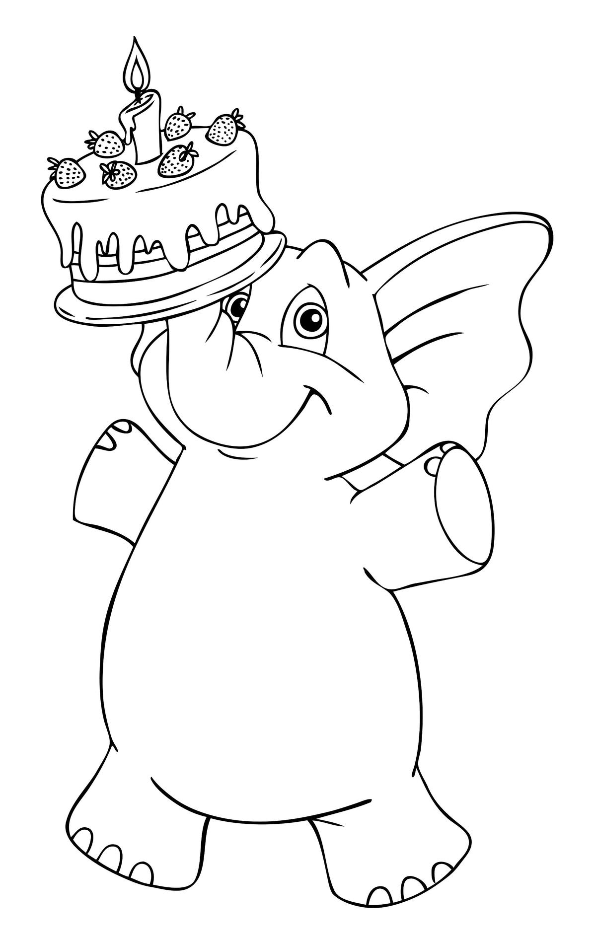 Kolorowanka urodzinowa słoń z tortem