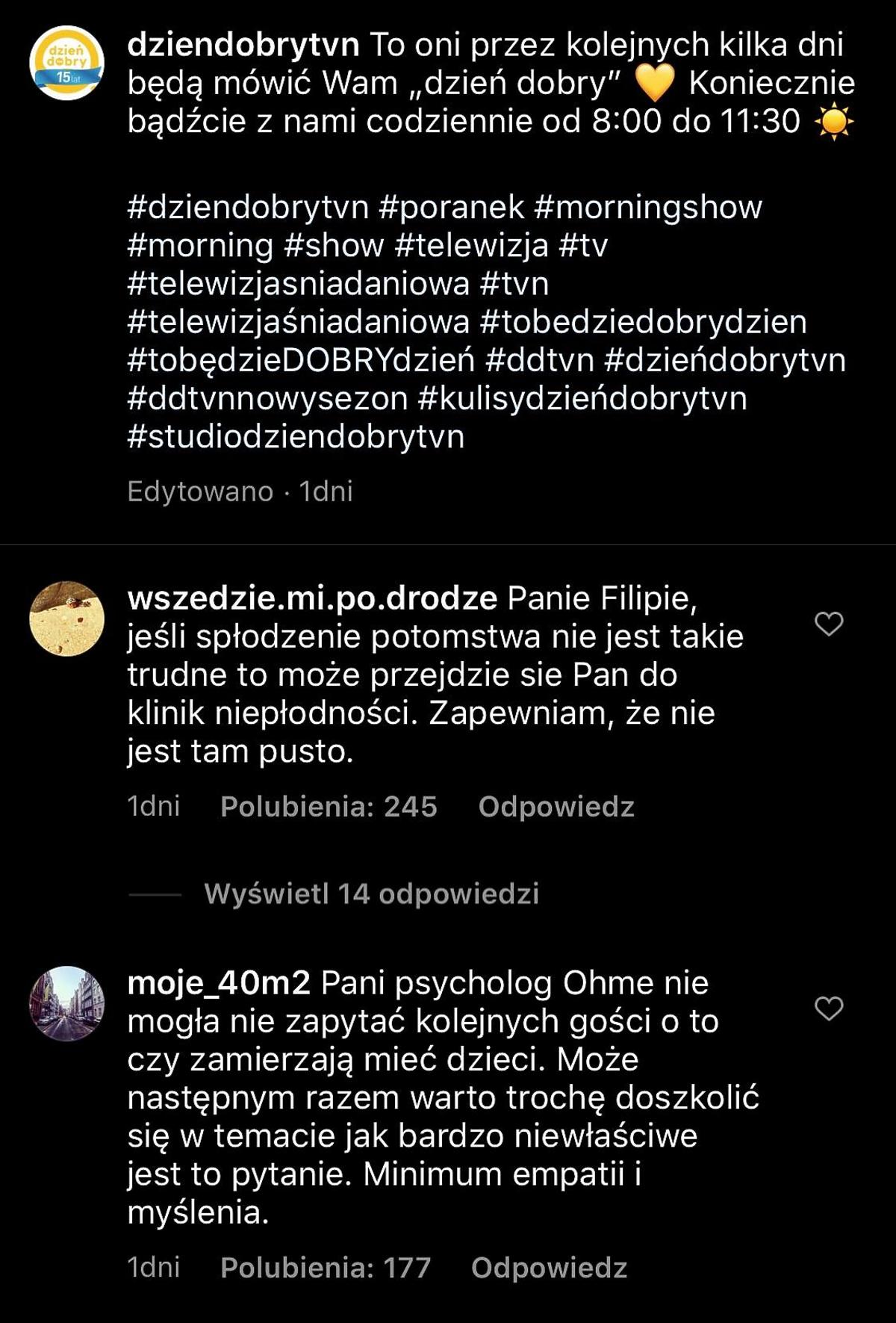 Komentarze obserwatorek na profilu DDTVN