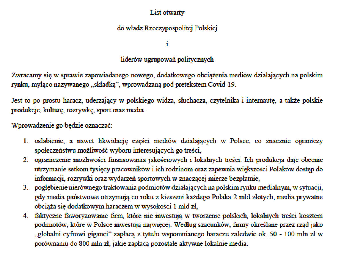 List otwarty do władz Rzeczypospolitej Polskiej i liderów ugrupowań politycznych