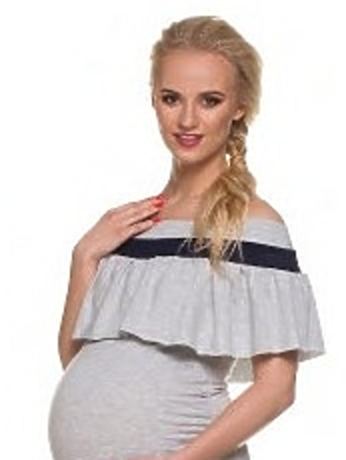 sukienka ciążowa z falbaną szara dresowa tkanina dopasowany fason.jpg