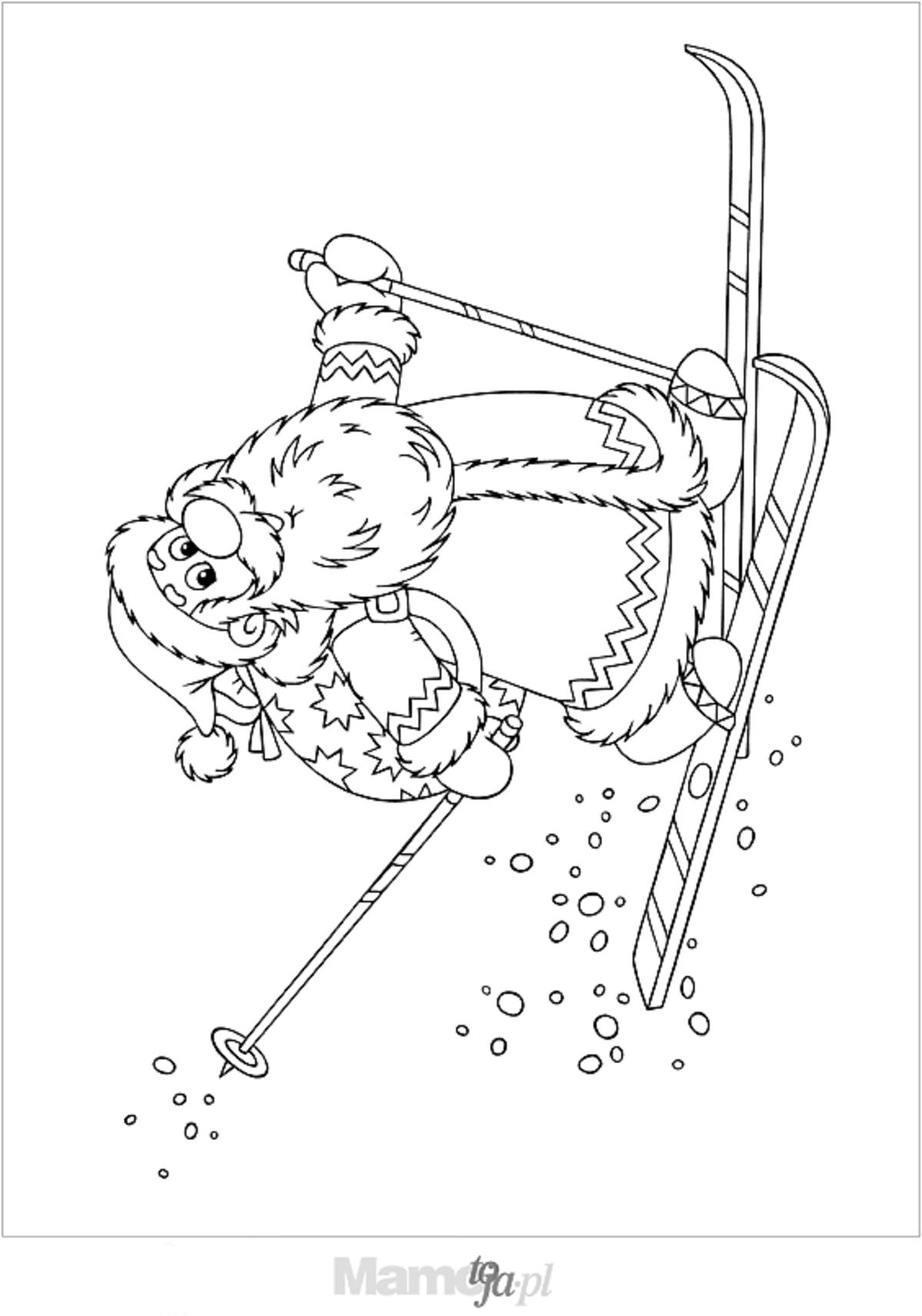 Mikołaj na nartach kolorowanka do druku