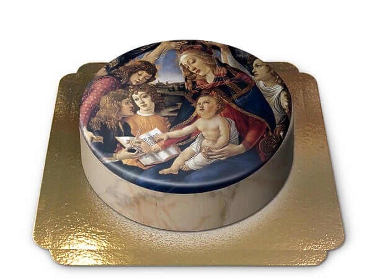 tort na komunię religijny styl ze sceną z obrazu Botticellego