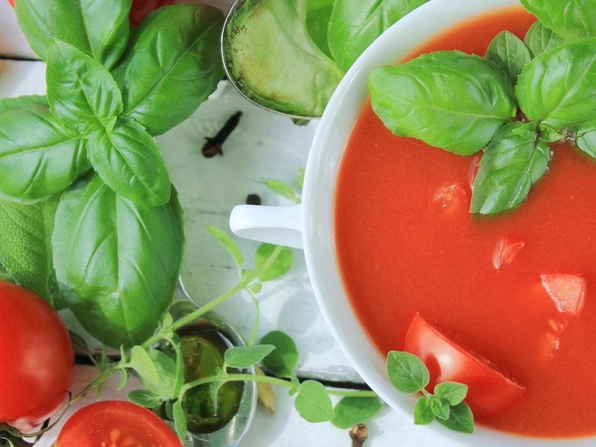 zupa pomidorowa, pomidory, bazylia, potrawa, danie, jedzenie, kuchnia